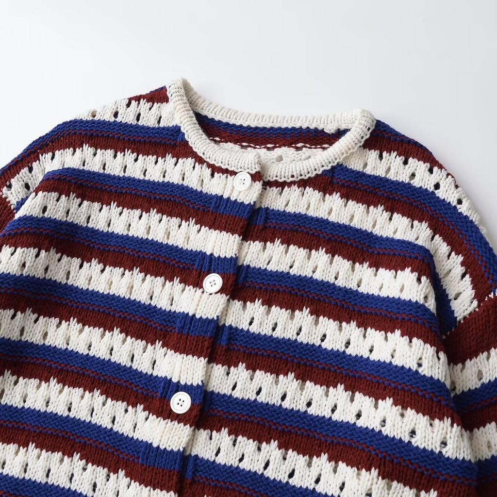 European and American style, new women's clothing, long-sleeved round neck hollow striped knitted jacket 6771022