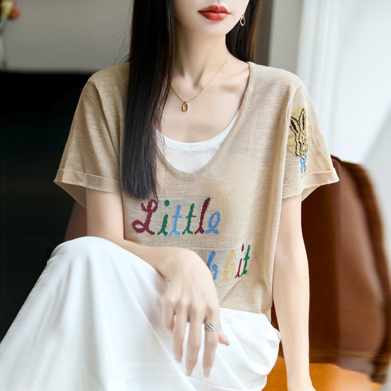 

Two New Summer Fashion Fake Short-sleeved Knitted Women s T-shirts with A Trendy Design and Large Size Are Versatile M жовтий