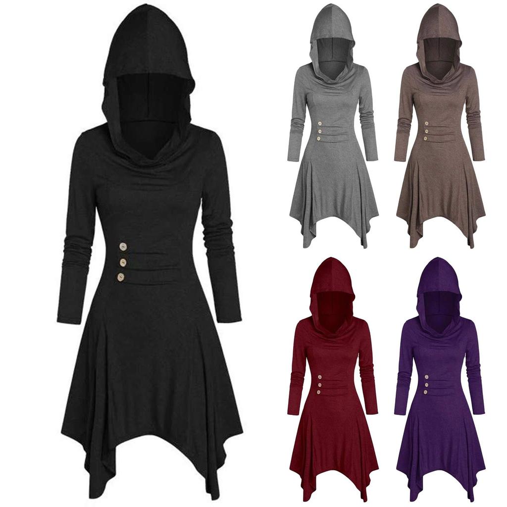 Women Costumes  Hooded Vintage Pullover High Low Bandage Long Dress Cloak