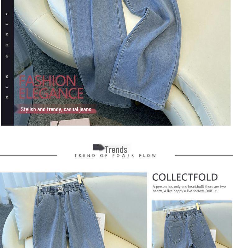 Women's Light Blue Plush Elastic Waist Wide-Leg Jeans, 2025 Spring/Autumn, Thickened, 9/10 Straight Leg.