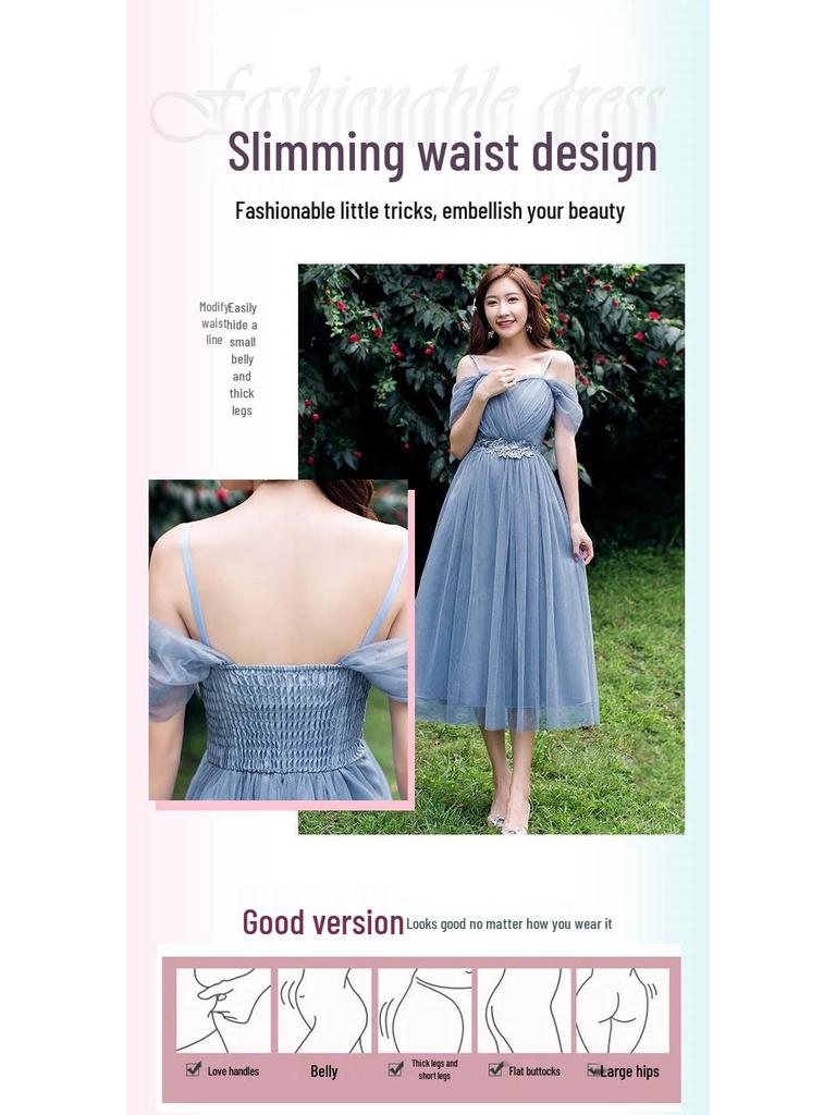 2025 New Off-the-Shoulder Bridesmaid Dress: Mid-Length, Slimming, with Fairy Charm for Special Occasions.