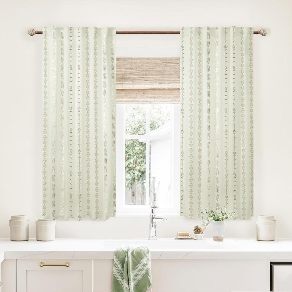 Kitchen Curtains 45 Inch Length for Farmhouse Window Over Sink,Vintage Boho Floral Pattern Pleated Beautiful Cafe Curtains,Beige