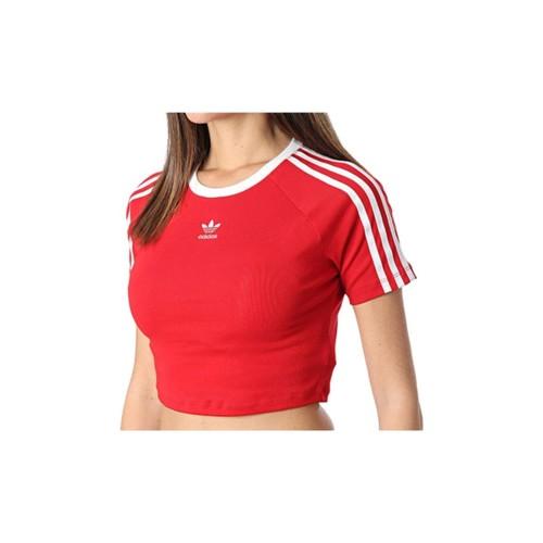 Adidas Originals Crew Neck Striped Cropped Short-sleeve T-shirt for Women, Red