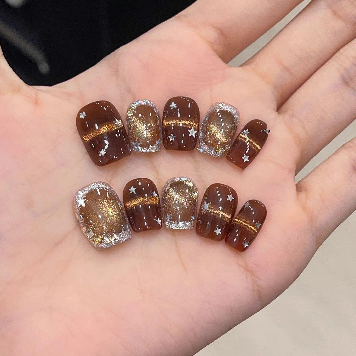

Maple Leaves Know Autumn: Handmade Amber Cat s Eye Short Brown Nails for Autumn/Winter Extra Small