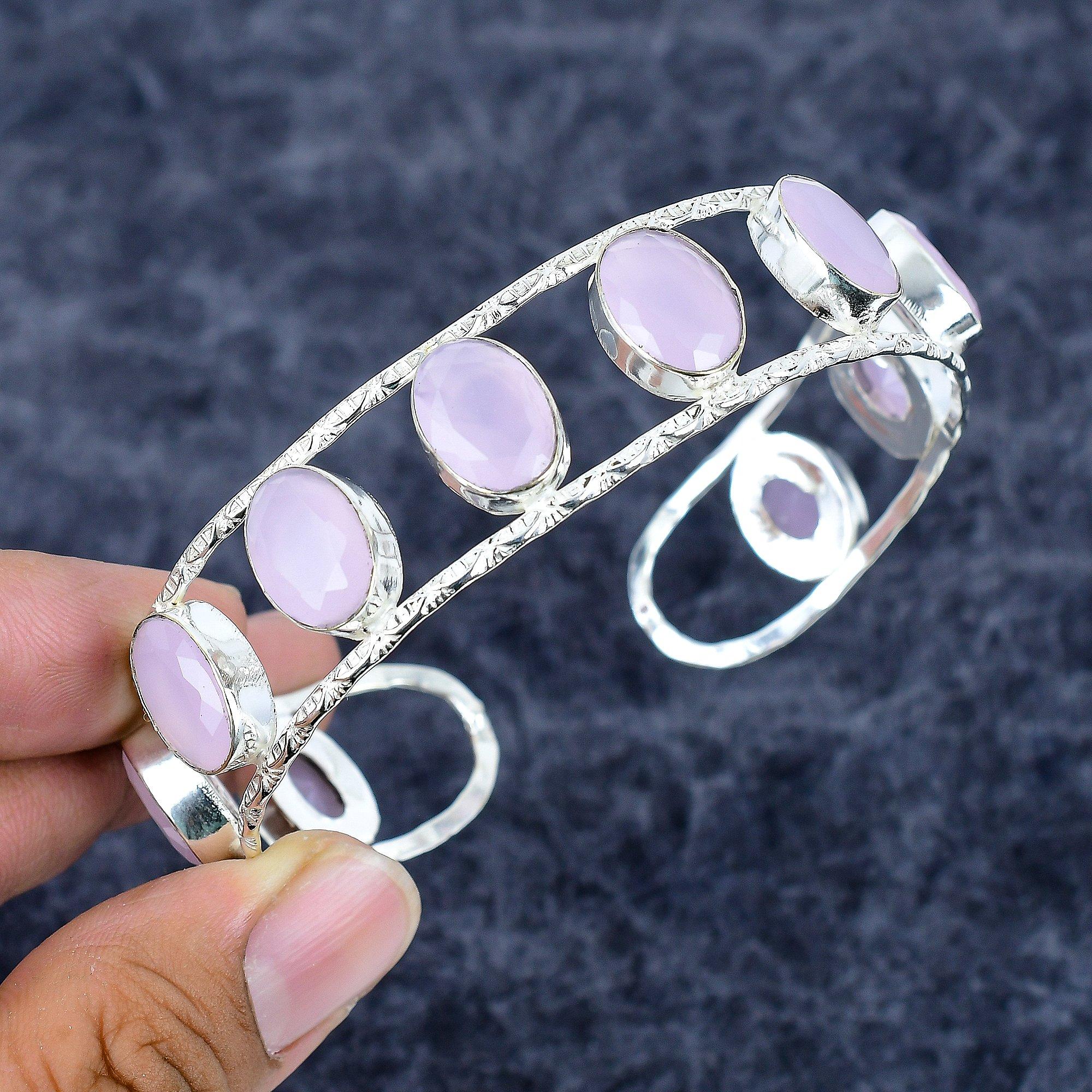 

Pink Chalcedony Gemstone 925 Sterling Silver Cuff Bangle Adjustable M-3334