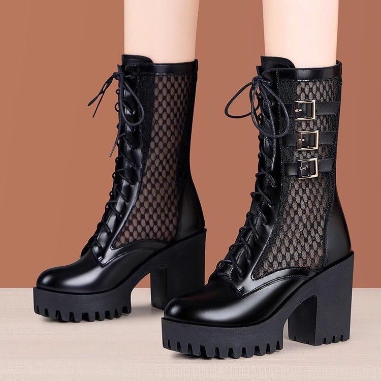 Damen Sommer Netz-Kniehohe Stiefel Weiches Leder Schnürung Plateau Klobiger Absatz Atmungsaktive Sandalenstiefel