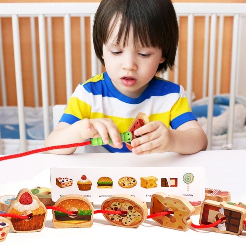 2025 New Upgrade Wooden Greedy Caterpillar Rope Toy, Fruit Vegetable Caterpillar Lacing Bead String Game, Montessori Fine Motor Skills Farm Toys
