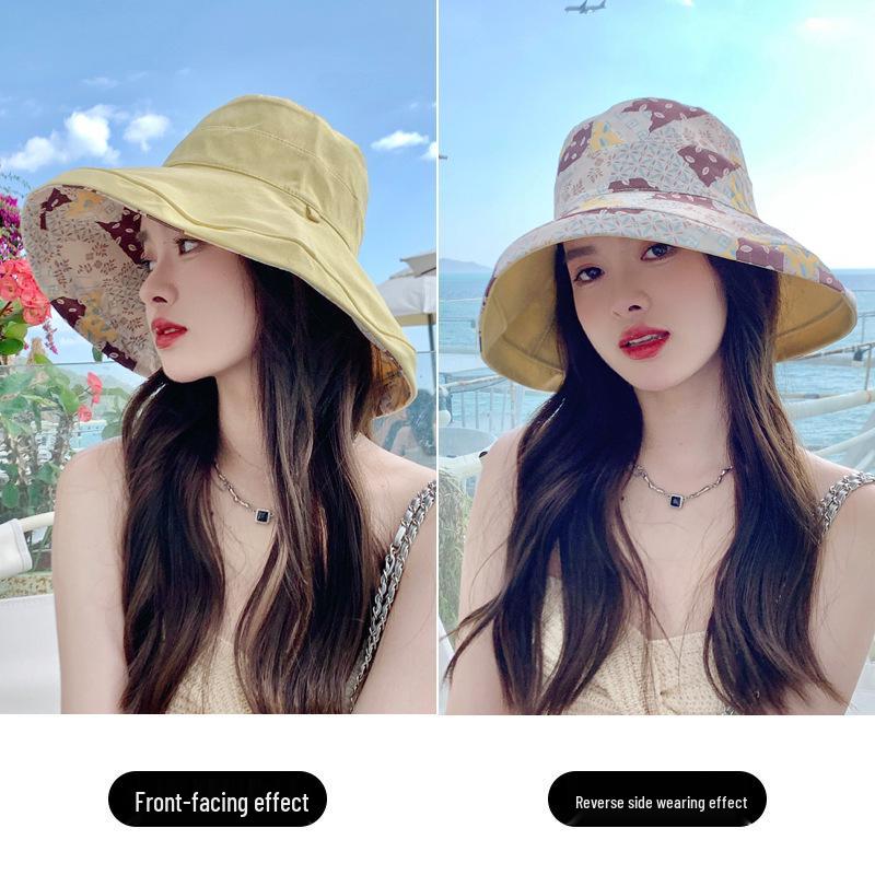 Women's Double-sided Sun Protection Bucket Hat - Summer Pure Cotton Anti-UV Wide Brim, Foldable for Travel.