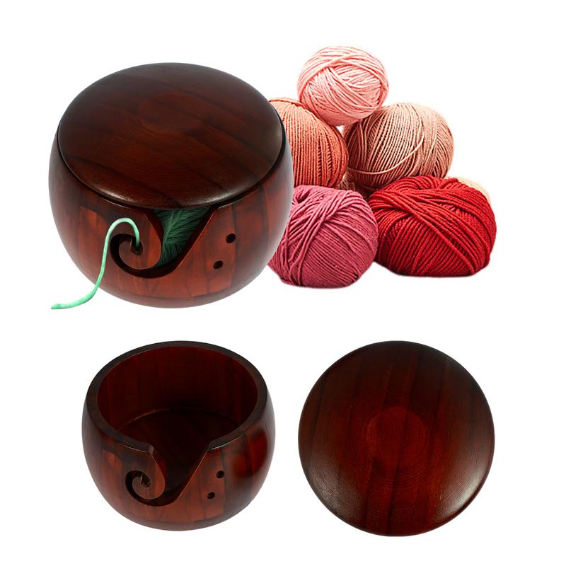 Wooden Yarn Bowl Round Crochet Bowl Holder with Holes Pine Knitting Yarn Bowls Wooden Weaving Thread Bowl with Lid Portable Yarn