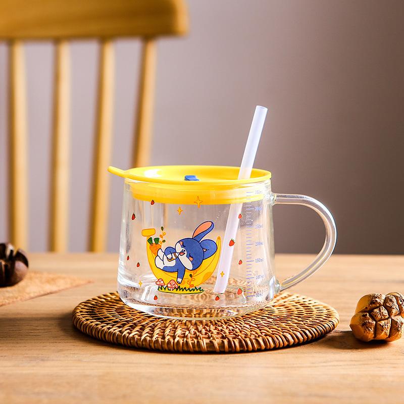 Home Office Coffee Cup with Lid Glass 350ml Cartoon Cute Water Cup with Straw Milk Double Drink Cup
