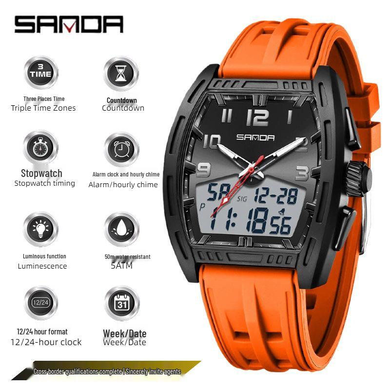 SANDA Men's Waterproof Luminous Sports Watch - Countdown & Multifunctional Barrel-Shaped Electronic Watch with Large Dial