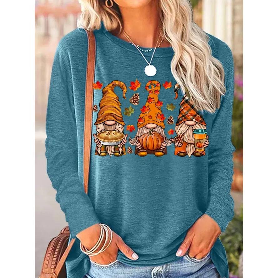 Tricouri cu mânecă lungă cu imprimeu amuzant pentru femei Pulover de zi cu zi Toamna Gnomi Toamna Dovleac Ziua Recunoștinței Topuri casual Harajuku