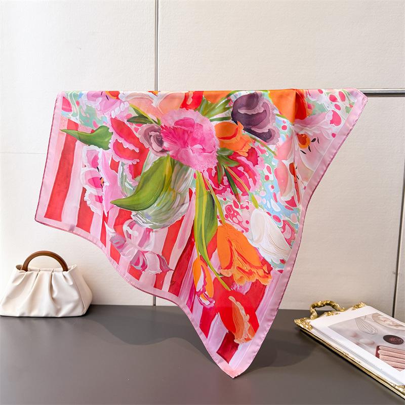 New Artistic Style Printed Imitation Silk Square Scarf Shawl Versatile High-end Feeling Neck Small Headscarf