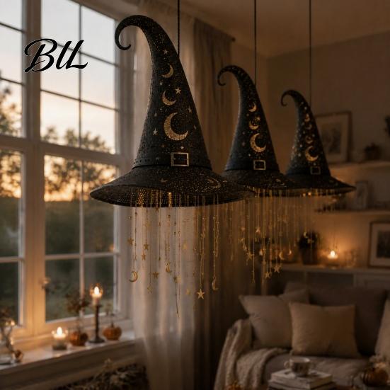 Patio Hanging Ornament Light Up Witch Hat Lamp, Glowing Halloween with Twinkling Whimsical Decorations Stars Moon, Indoor Outdoor Porch Window Decor,