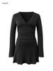 V-neck Long Sleeve Patchwork Short Skirt Dress - European & American Style, Sexy Hip-hugging, Round Neck, for Autumn & Winter.
