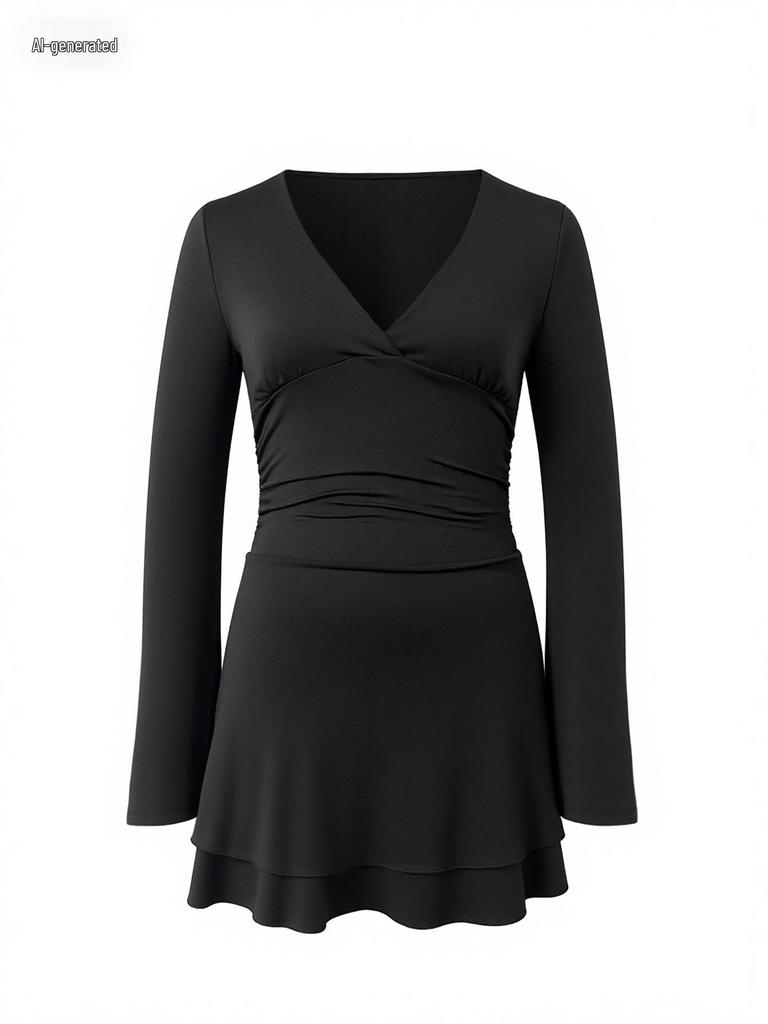 V-neck Long Sleeve Patchwork Short Skirt Dress - European & American Style, Sexy Hip-hugging, Round Neck, for Autumn & Winter.