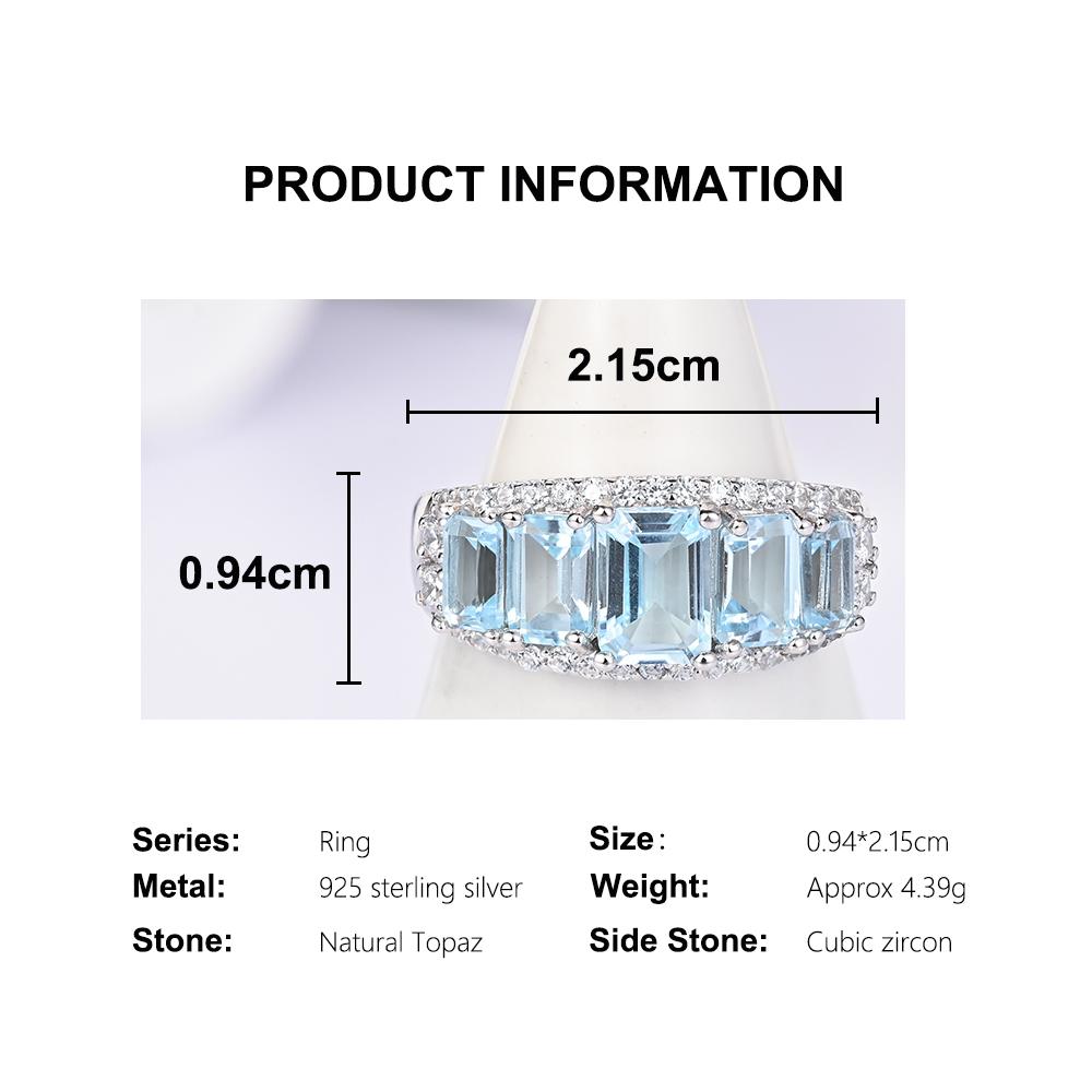 Simple Exquisite Natural Octagonal Sky Blue Topaz Ring 925 Sterling Silver Fine Jewelry for Women's Anniversary and Party Gifts