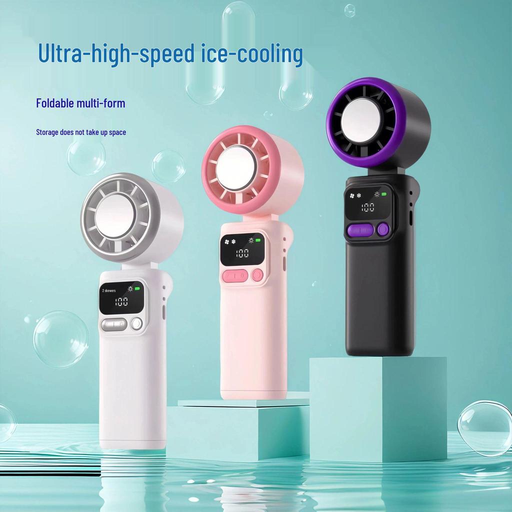 199-Speed Digital Display Handheld & Desktop Fan with Ice Pack, Foldable Design, USB Charging, and Night Light