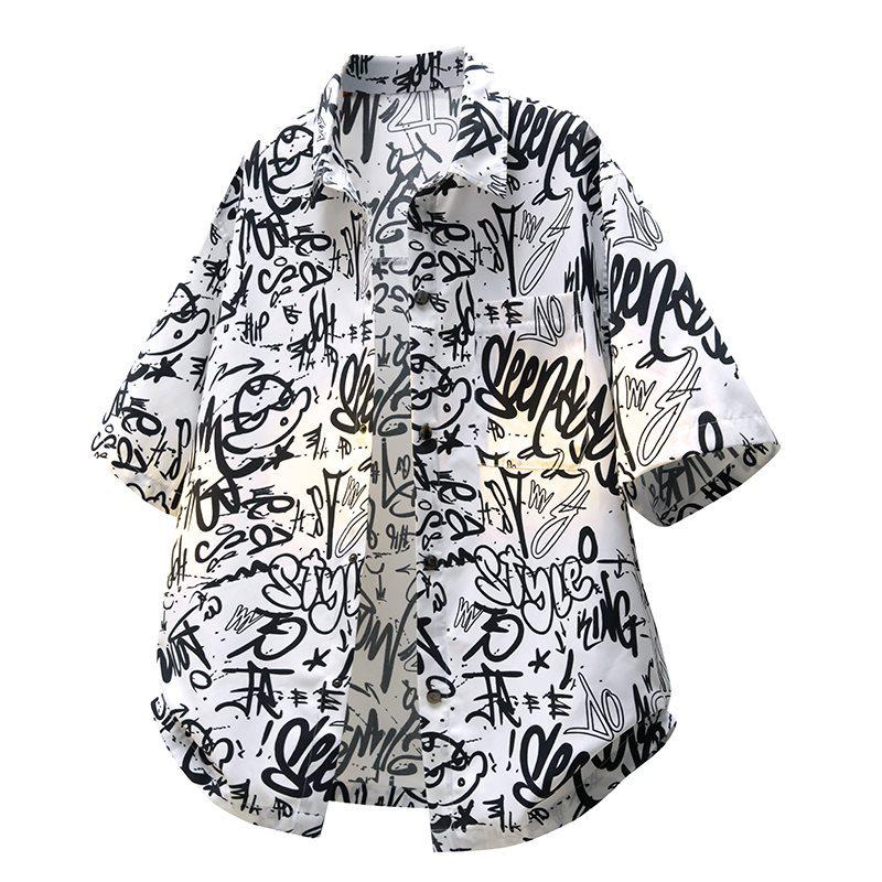 

M-8XL Trendy Japanese Style Plus Size Graffiti Lapel Men s Casual Loose Shirt M білий