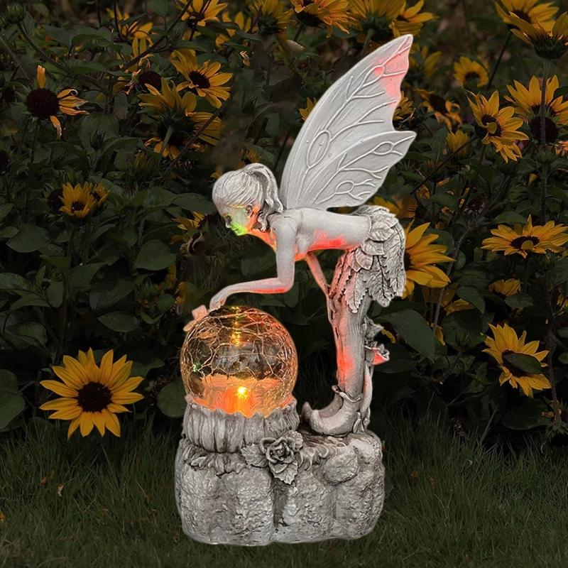 Angel Garden Figurine Outdoor Garden Statue Fairy Garden Figurine with LED Solar Light for Garden Lawn Yard Decoration