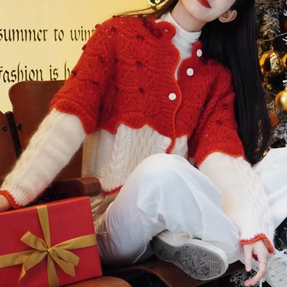 Zhou Ye Zodiac Red Knit Cardigan - French Retro Design, Color Block Top for Spring.