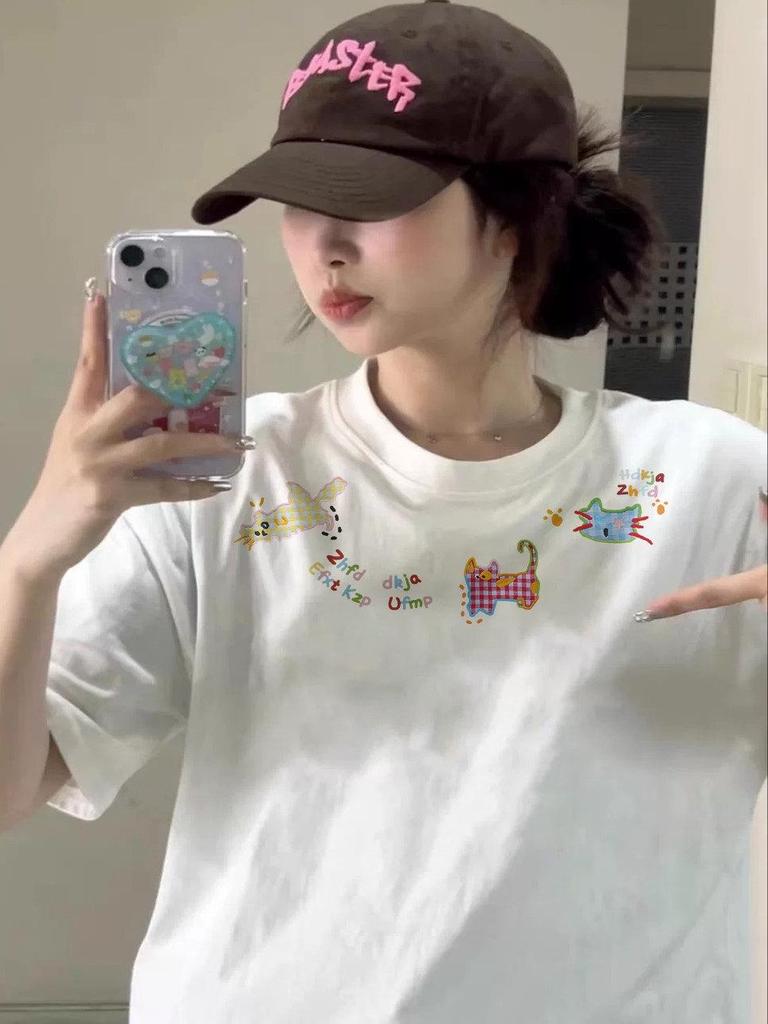 Women's Plus Size Retro Cartoon Short Sleeve T-shirt - American Summer Loose Fit, Petite Design Top