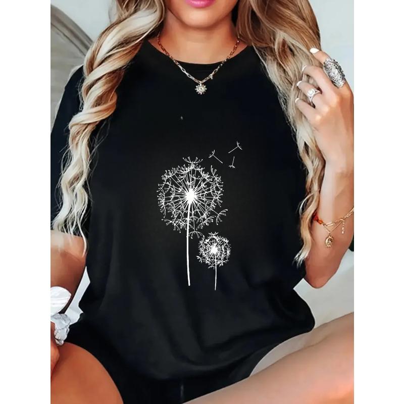 Black Oversized T-Shirt With Dandelion Print And Minimalist Text For Casual Wear