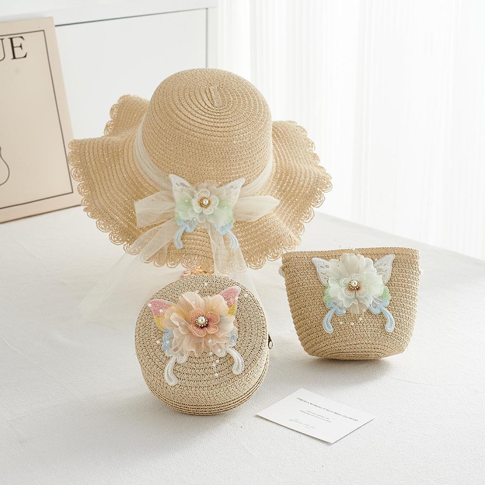 Girl Summer Straw Sun Hat And Bag 2pcs/set Breathable Wide Brim Beach Cap Children Girls Bucket Hat for Sun Protection