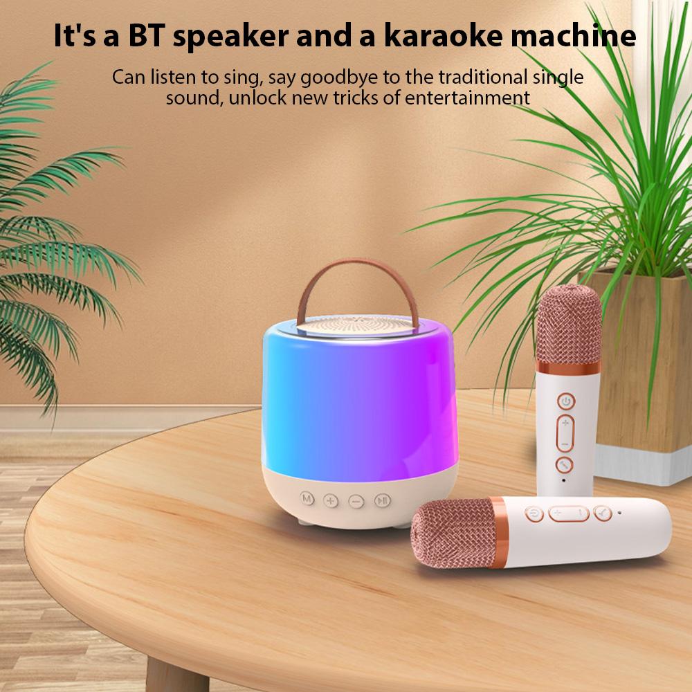 Karaokemaskin Mini trådløs mikrofon og høyttalersett med 2 mikrofoner Home KTV Sett LED farge