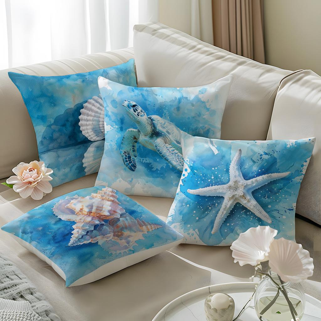 4Pcs Ocean Theme Cushion Covers 45X45Cm Contemporary Style Marine Life Print Throw Pillow Cases For Sofa Blue Sea Animals Design