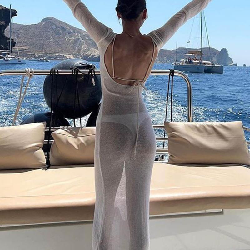 Hot Style Elegant Long Sleeve Sexy Backless Beach Sun Protection Long Dress for Women Summer Vacation Style High-end Feel