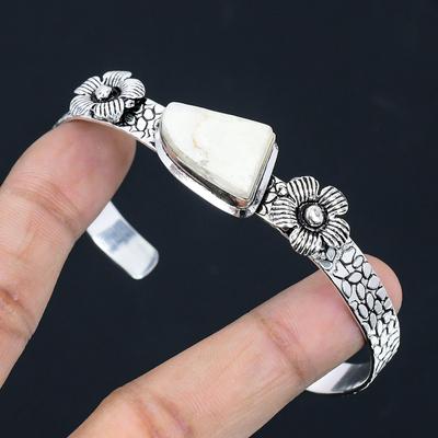 Trillion Natural Howlite Sterling Silver Flower Anniversary Wife Bangle Jewelry