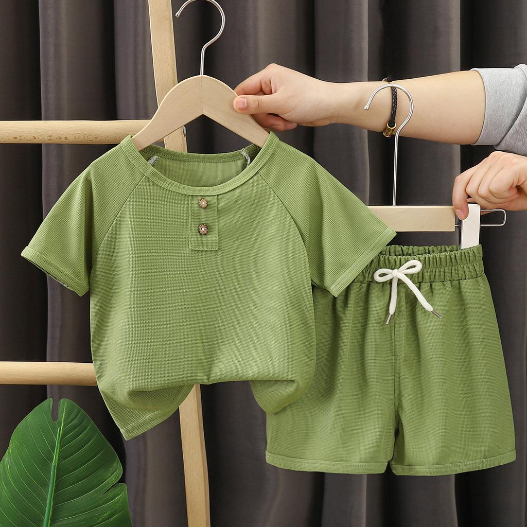 Children's Short-sleeved Suit Summer Boys Shorts Korean Version of The Children's Waffle Baby Summer Children's Clothing