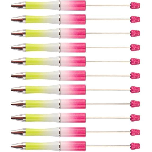Beadthoven 20pcs Plastic Beadable Pen, Colorful Bead Ballpoint Pen Gradient Color Shaft Black Ink Bead Pens for DIY Pen Decorations Supplies Office Deep Pink Yellow