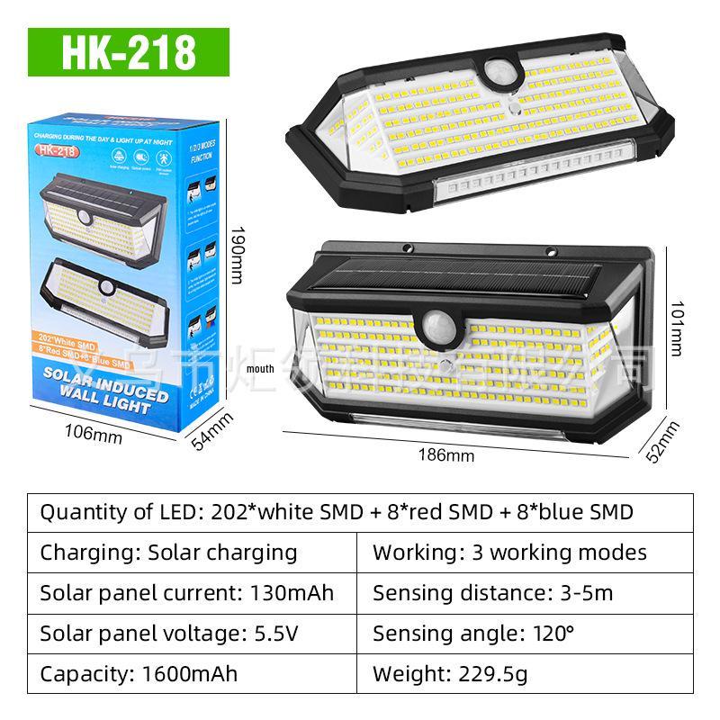 

218-LED Solar Motion Wall Lamp - Waterproof, Five-Sided Design with Red & Blue Flashing