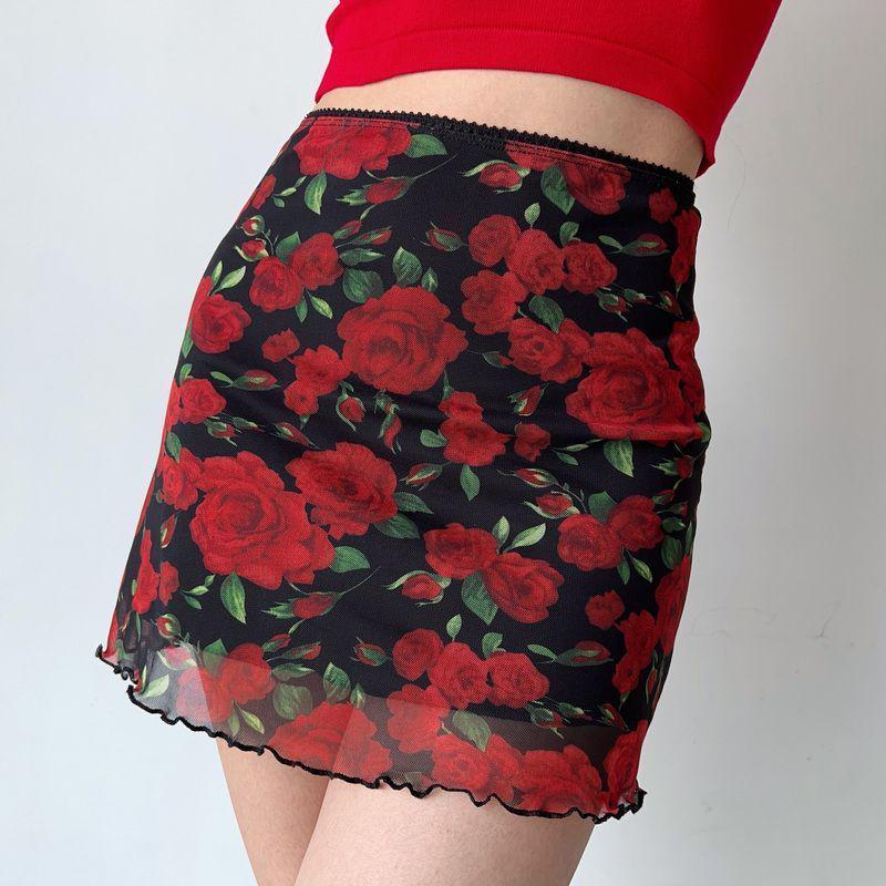 American Spicy Girl Rose Print Mesh High-Waisted Bodycon Mini Skirt for Women
