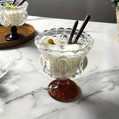Tasse à Boire en Verre Embossé Style Nordique sur Pied Élevé Élégant Bol Européen pour Dessert Glace Yaourt