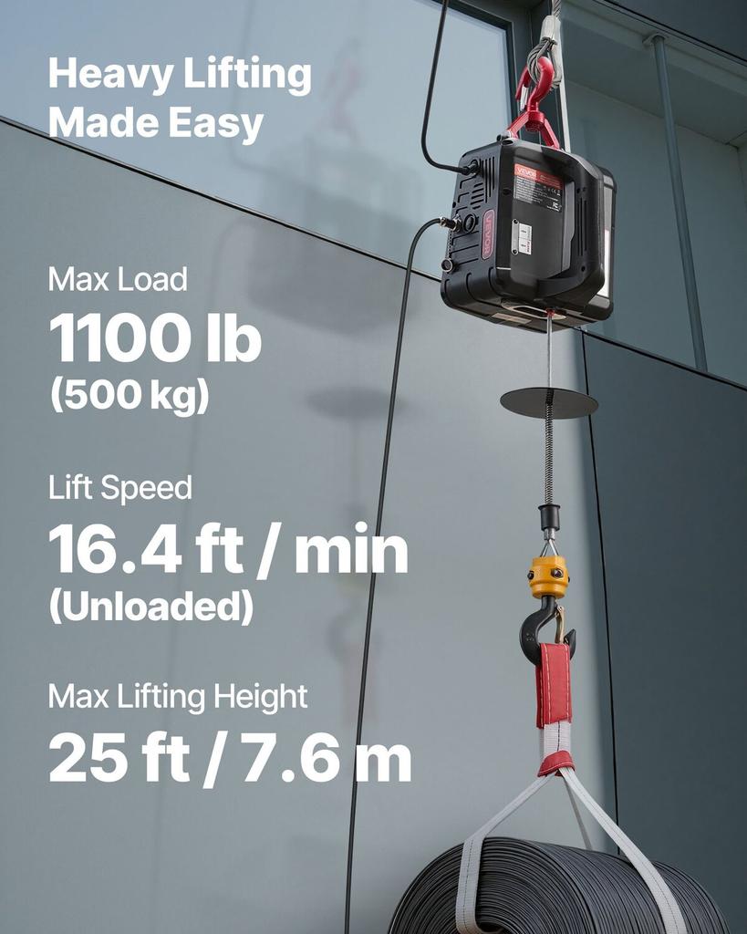 2-in-1 Electric Hoist Winch, 500 kg Capacity, 1500W Portable Power Winch Crane, 7.6 m Lifting Height, 5 m/min with Manual and Wired Remote Control for