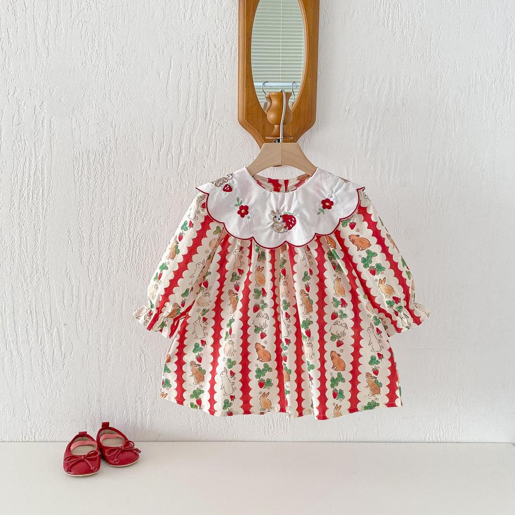 Korean Style Lapel Rabbit Embroidery Dress for Baby Girls, Ages 1-8, Long Sleeve, Spring/Autumn, Sweet Princess Style