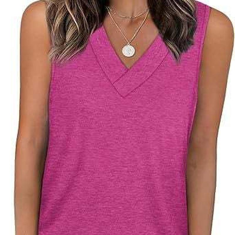 Summer European Style Women V-Neck Casual Loose Fit Solid Color Tank Sleeveless