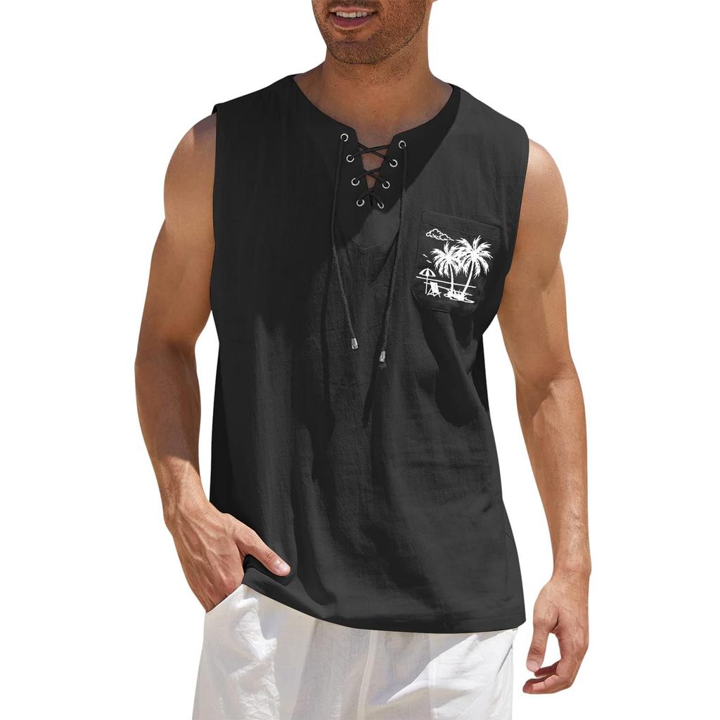 Men's Sleeveless Tank Top Loose Fit Casual Summer Vest with Lace-Up Neck and Printed Chest Pocket for Sports Outdoor