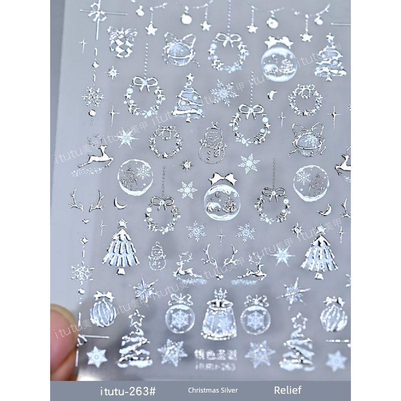 

New Arrival Christmas Tree Gilding Nail Sticker Christmas Bear Embossed Snowflake Three-Dimensional Christmas Element Nail Back Glue itutu-263# Silver Christmas Bronzing Embossed