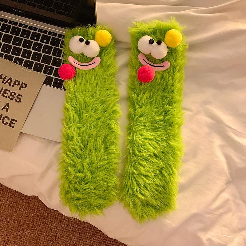 1Pair Ugly and Cute Funny Mink Fleece Floor Socks Thickened and Warm Autumn and Winter Cartoon Medium Sleeve Home Socks Big Eye