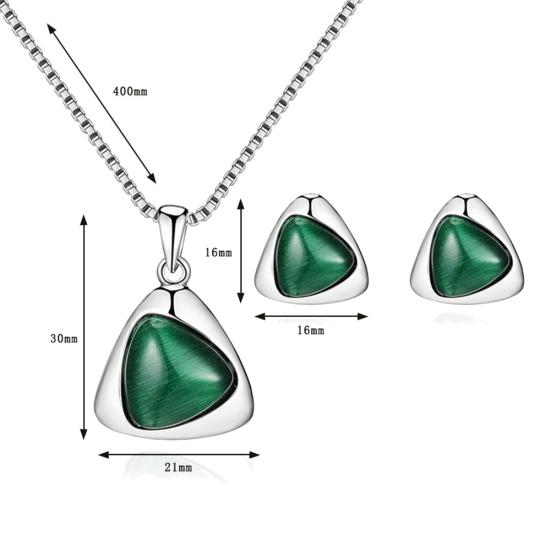 Women Faux Gemstone Triangular Pendant Necklace Ear Stud Earrings Jewelry Set
