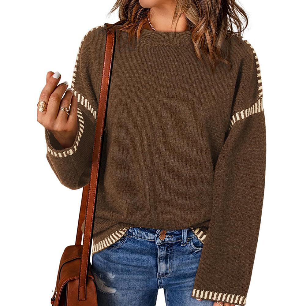 

Женский свитер с круглым вырезом, однотонный, свободного кроя, с длинным рукавом, вязаный пуловер с цветными блоками, осень-зима XXL коричневый