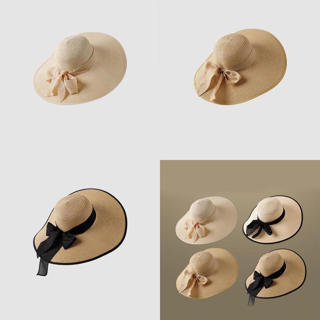 Women's Wide Brim Straw Hat With Bow Beach Sun Hat Uv Protection Korean Style