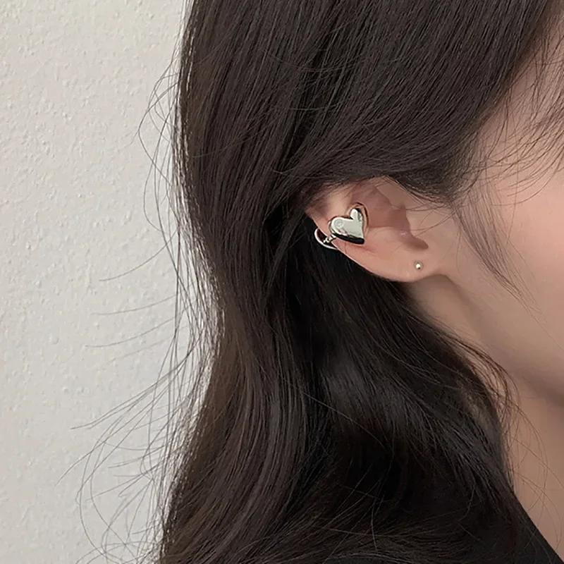 1PC New Korean Silver Color Love Heart Clip On Earrings for Women Simple No Piercing Ear Cuff Wedding Aesthetic Jewelry