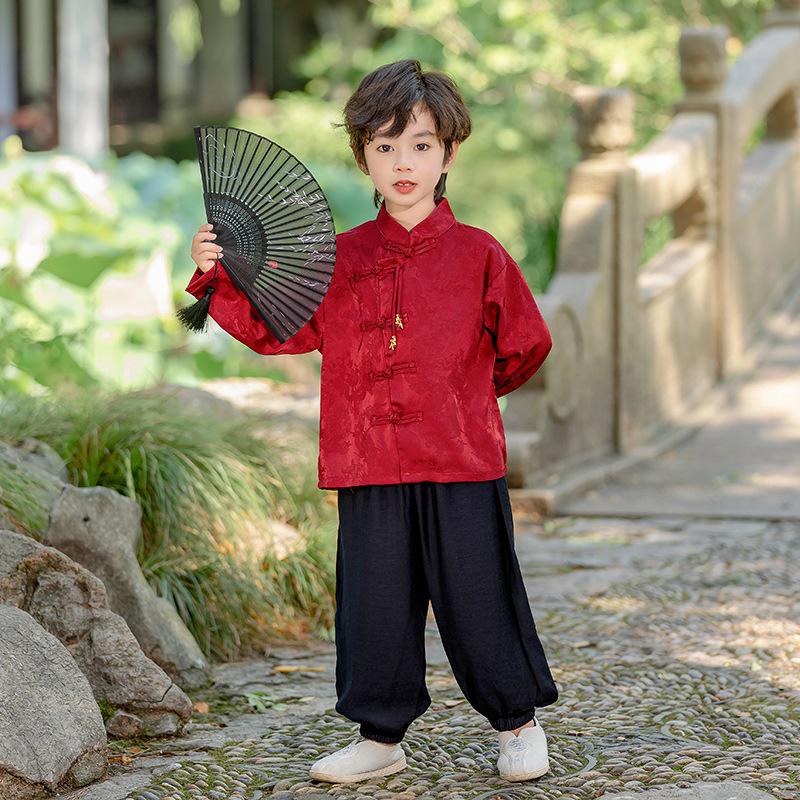 

Дитячий червоний комплект ханьфу з довгим рукавом для весни/осені - Одяг для брата/сестри, Виступ на свято середини осені, Новорічний костюм тан 130 cm