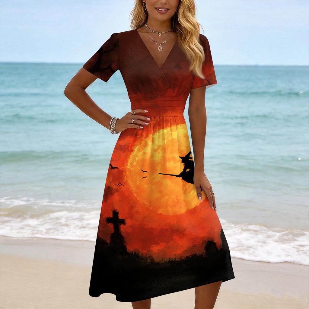 Women Casual Halloween Print V Neck Short Sleeve Dress Midi Length A Line Silhouette Comfortable Fit