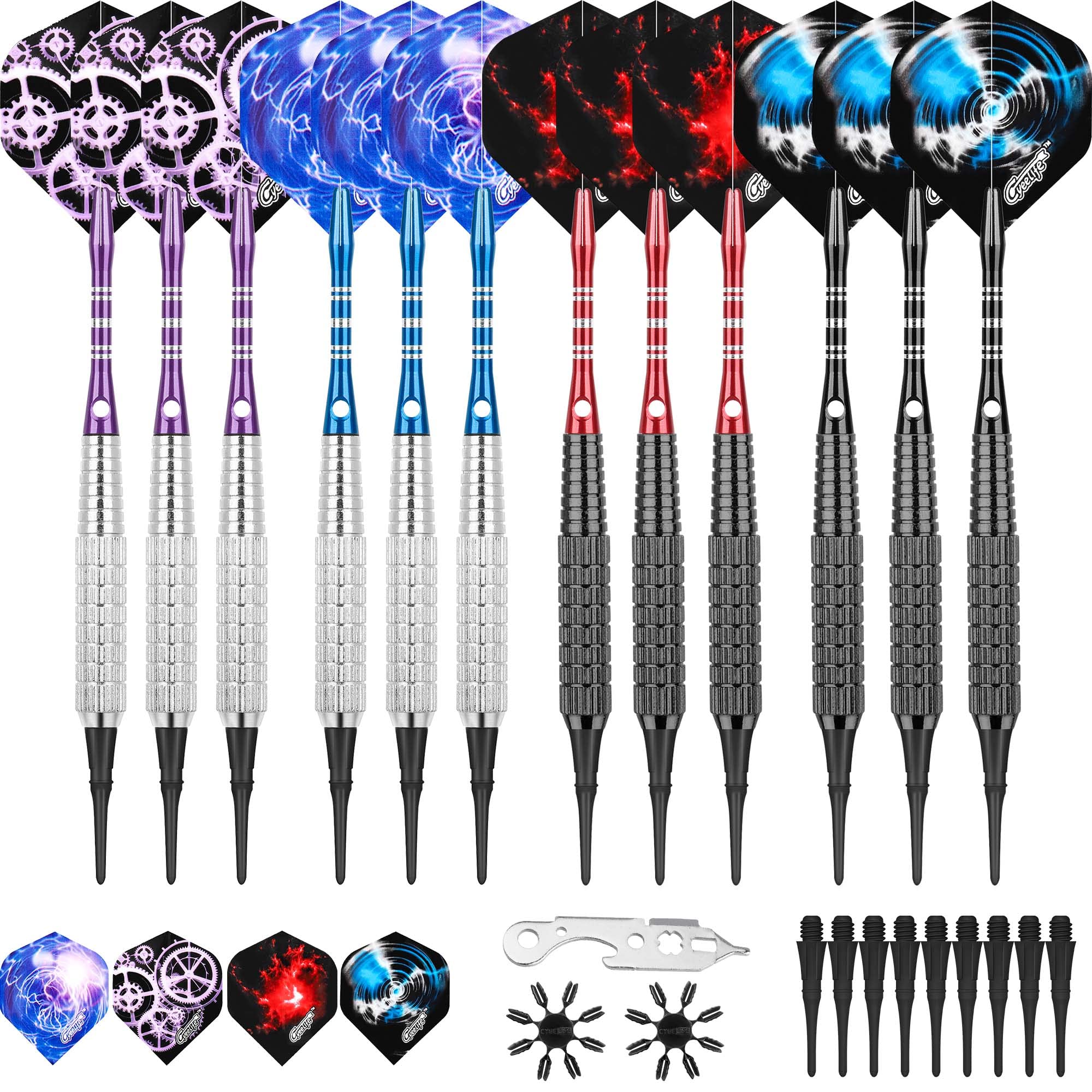 

CyeeLife 12-Pack 15g Soft Tip Darts Set with Aluminum Shafts, Extra Tips, and Multi-Function Tool, Beginner s Level for Home Use
